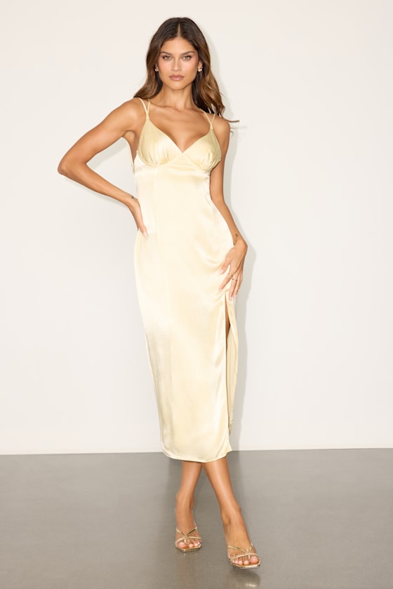 Marelynn Pale Yellow Satin Strappy Midi Dress