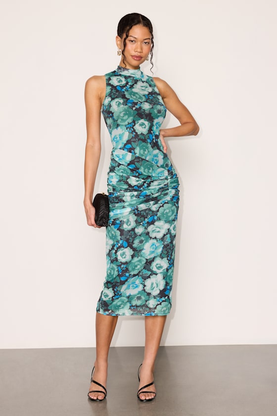 Prettiest Energy Black and Teal Floral Mesh Midi Dress