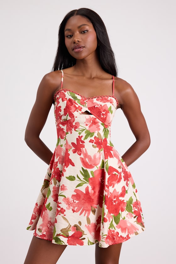 Kylie Cream and Red Floral Skater Mini Dress