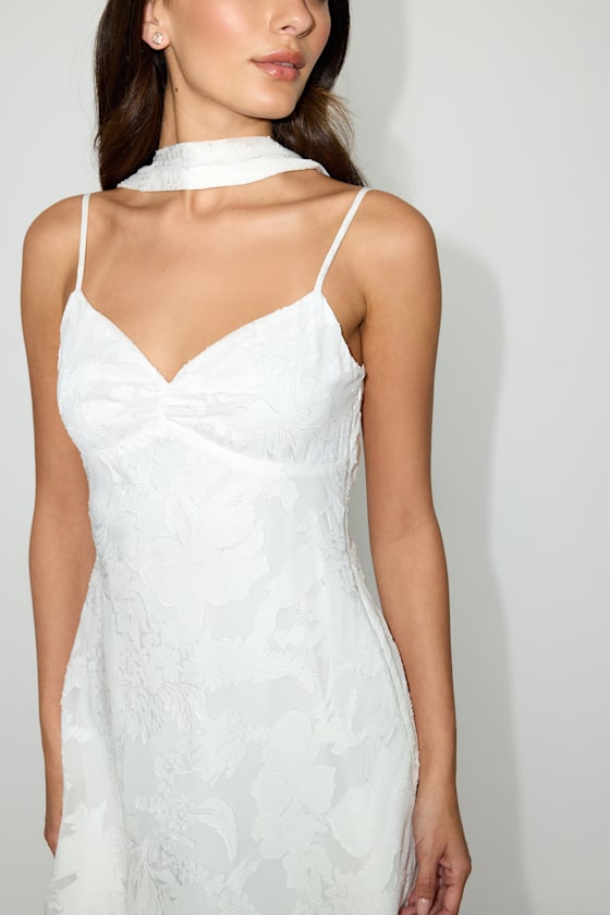 Aydah White Floral Burnout Slip Mini Dress and Scarf Set