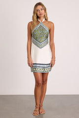Ayson Ivory and Green Scarf Print Halter Mini Dress