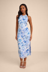 Neiva Blue and White Floral Backless Midi Dress