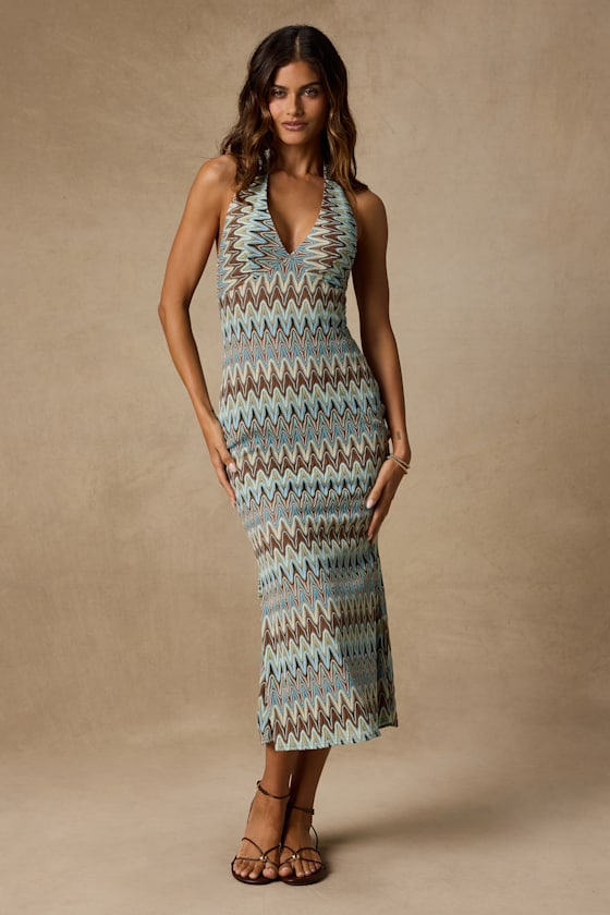 Majesty Turquoise and Brown Crochet Halter Midi Dress