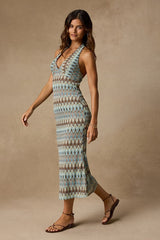 Majesty Turquoise and Brown Crochet Halter Midi Dress