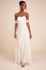 Faye White Embroidered Lace Off-the-Shoulder Maxi Dress