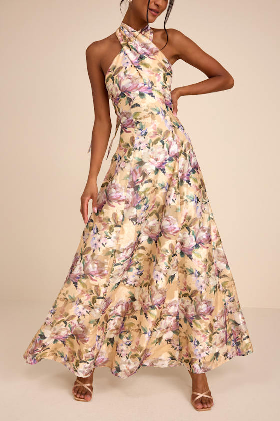 Samana Light Yellow Multi Floral Cross-Front Maxi Dress