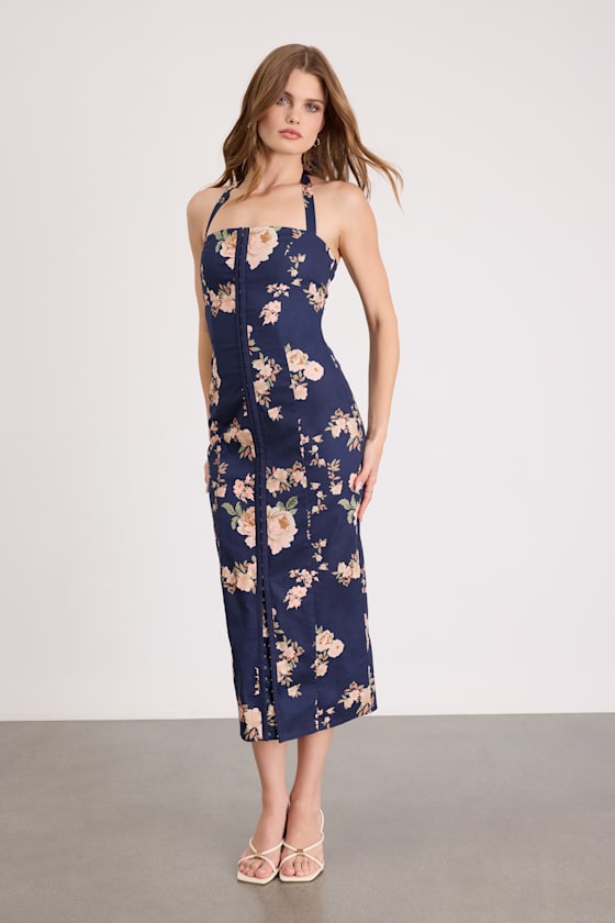 Arrosa Navy Floral Halter Midi Dress