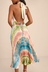 Rhoda Blush Multi Tie-Dye Satin Halter Midi Dress