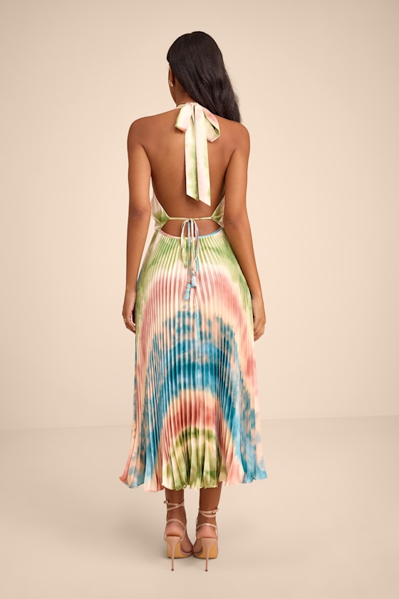 Rhoda Blush Multi Tie-Dye Satin Halter Midi Dress