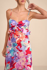 Augustina Red Multi Floral Satin Ruffled Midi Dress
