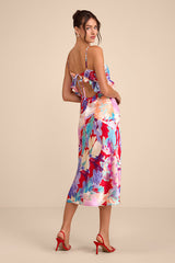 Augustina Red Multi Floral Satin Ruffled Midi Dress