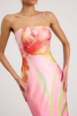 Anahi Pink Multi Floral Satin Strapless Maxi Dress