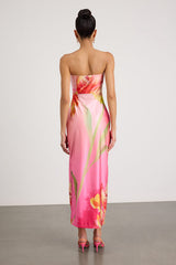 Anahi Pink Multi Floral Satin Strapless Maxi Dress