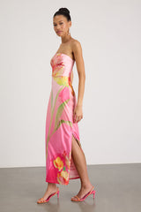 Anahi Pink Multi Floral Satin Strapless Maxi Dress