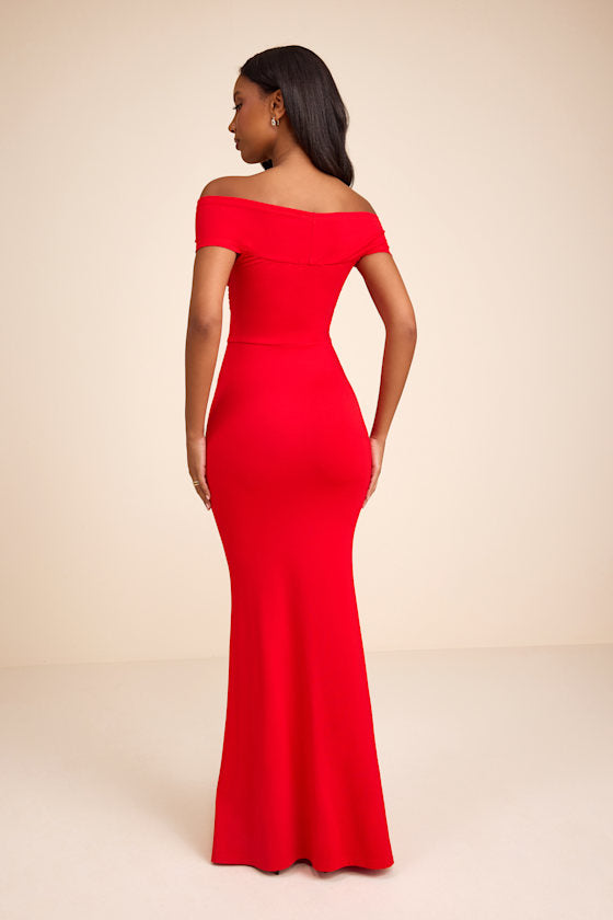 Katerina Red Twist-Front Off-The-Shoulder Maxi Dress
