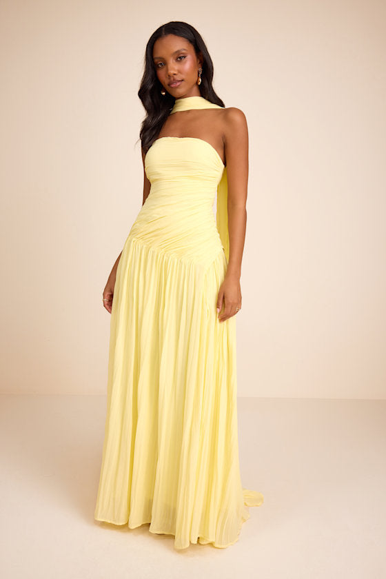 Nellie Light Yellow Pleated Maxi Dress and Scarf Set