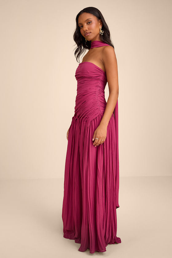 Nellie Berry Pink Pleated Maxi Dress and Scarf Set