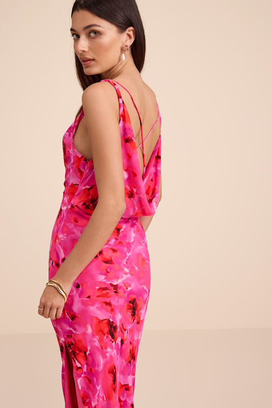 Marlesa Hot Pink Floral Cowl Back Maxi Dress