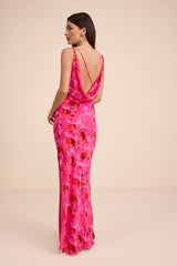 Marlesa Hot Pink Floral Cowl Back Maxi Dress