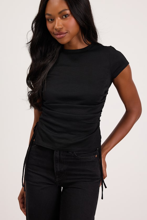 Sweet Forever Black Burnout Ruched Short Sleeve Tee