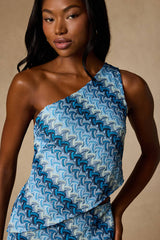 Fiala Blue Multi Crochet Chevron One-Shoulder Top