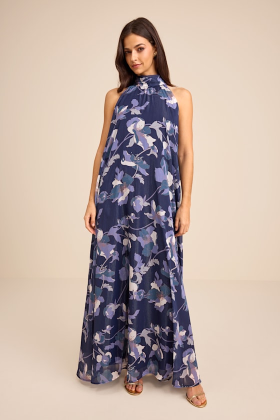 Sanza Navy Floral Halter Shift Maxi Dress