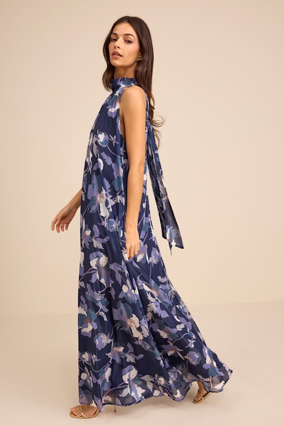 Sanza Navy Floral Halter Shift Maxi Dress