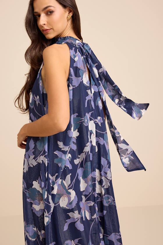 Sanza Navy Floral Halter Shift Maxi Dress