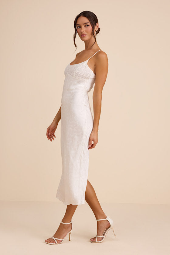 Benetta White Satin Lace Slip Midi Dress