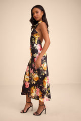 Alandra Black Multi Floral Satin Halter Midi Dress