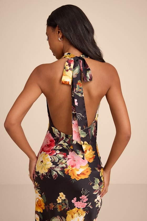 Alandra Black Multi Floral Satin Halter Midi Dress