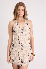 Melosia Beige Embroidered Halter Mini Dress