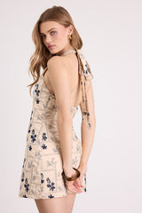 Melosia Beige Embroidered Halter Mini Dress