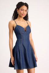 Margorie Dark Wash Denim Lace-Up Mini Dress