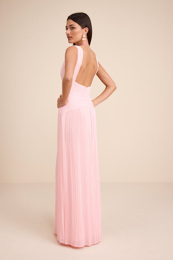 Kelina Light Pink Pleated Drop Waist Maxi Dress