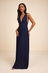 Kelina Navy Blue Pleated Drop Waist Maxi Dress