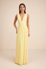 Kelina Light Yellow Pleated Drop Waist Maxi Dress