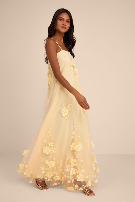 Allie Light Yellow Floral Applique Shift Maxi Dress