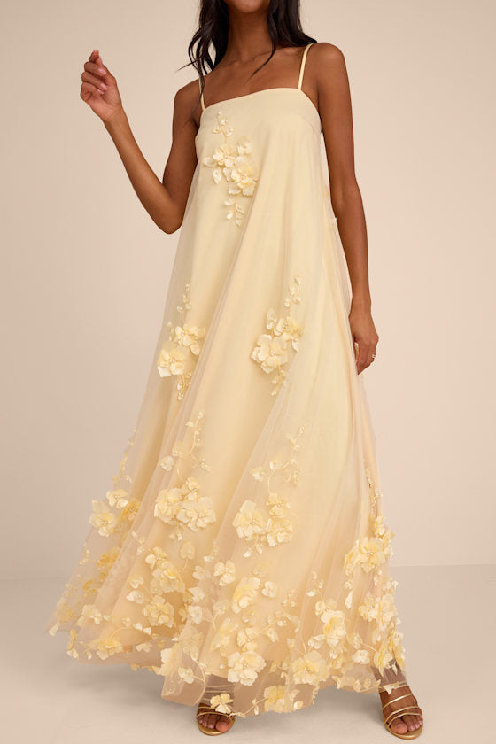 Allie Light Yellow Floral Applique Shift Maxi Dress