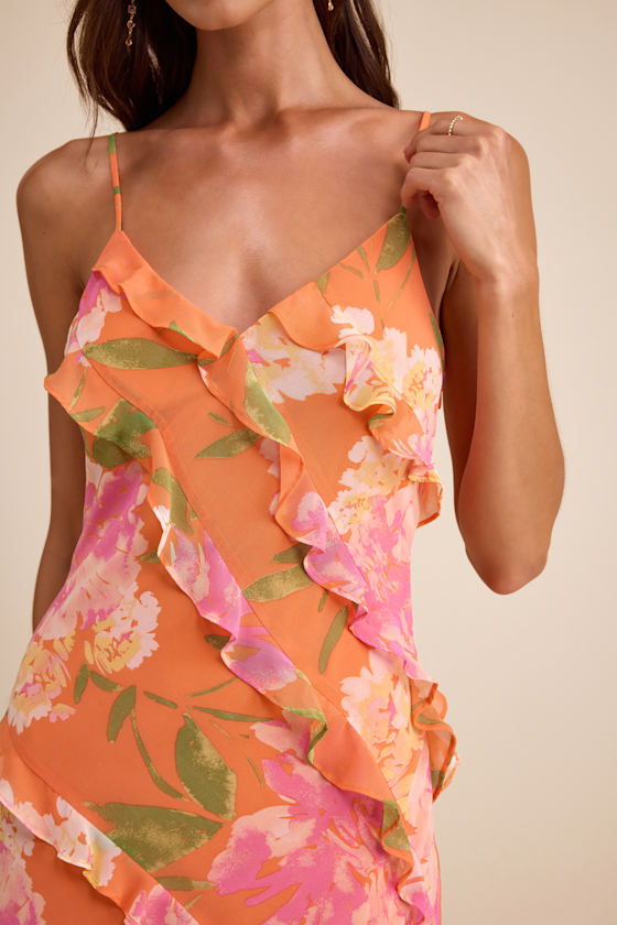 Zarina Orange Multi Floral Ruffled Maxi Dress