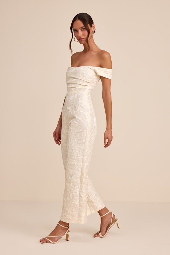 Jaz Ivory Floral Jacquard Off-the-Shoulder Jumpsuit