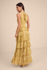 Cayson Yellow Paisley Tiered High-Low Maxi Dress