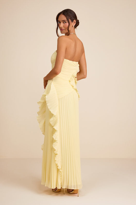Brylee Light Yellow Pleated Ruffled Maxi Dress