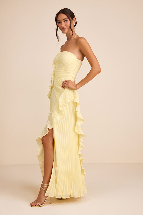 Brylee Light Yellow Pleated Ruffled Maxi Dress