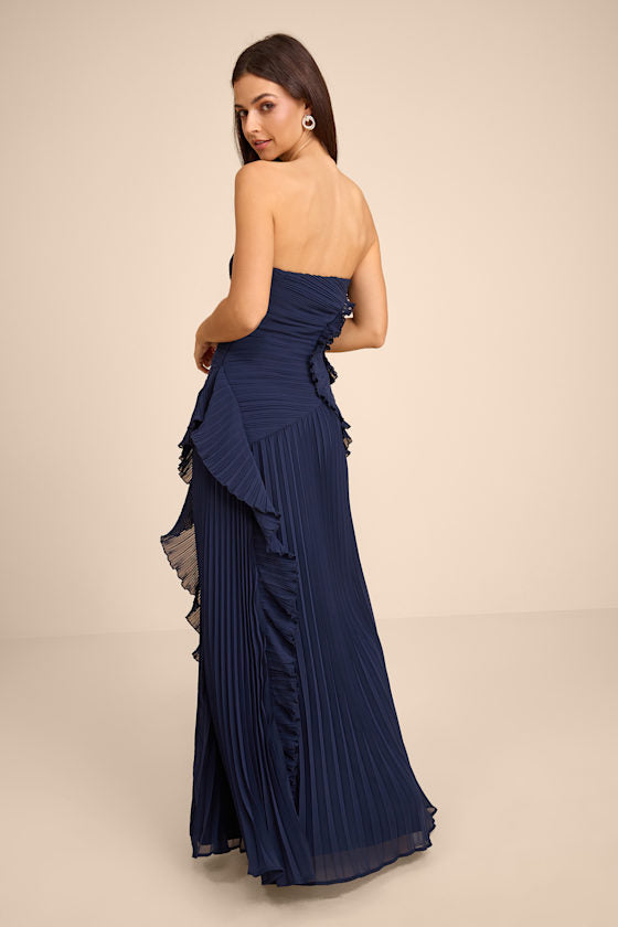 Brylee Navy Blue Pleated Ruffled Maxi Dress