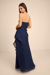 Brylee Navy Blue Pleated Ruffled Maxi Dress