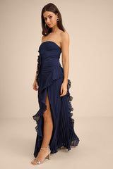 Brylee Navy Blue Pleated Ruffled Maxi Dress