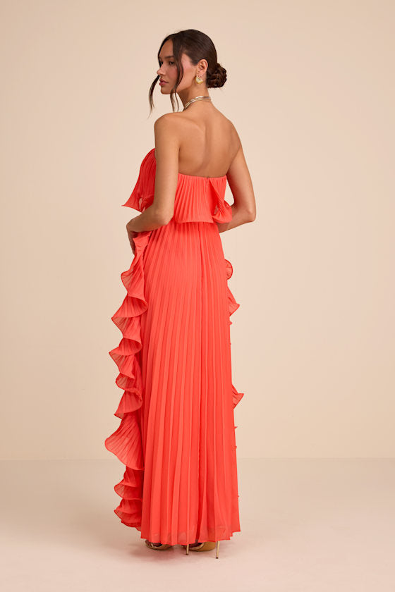 Andri Bright Orange Pleated Ruffled Maxi Dress