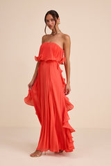 Andri Bright Orange Pleated Ruffled Maxi Dress