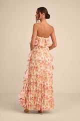 Andri Light Yellow Floral Pleated Ruffled Maxi Dress